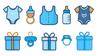A collection of baby boy icons, including onesies, pacifiers, bottles, and gifts, all in light blue and orange color schemes, featuring simple line art style