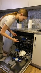 Girl loading dishwasher in modern kitchen interior with clean tableware and organized space