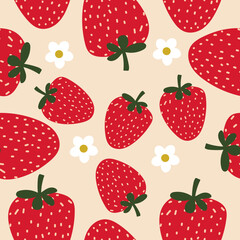 Cute seamless strawberry vector pattern , repeat fruit background with red berries and charming texture.