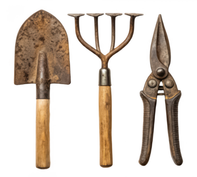 Classic vintage garden tools png old gardening set png antique hand tools png rustic shovel and rake png decorative garden gear png nostalgic tool kit png transparent background image