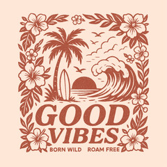 summer graphics print artwork. Hawwaii beach vibes print design. palm tree big waves t-shirt design. ride the waves slogan. mens graphic design. beach tee for sea vibes. © Justin