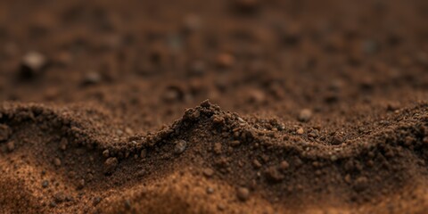 A close up view of a mound of dark brown soil and small rocks under soft blurred lighting