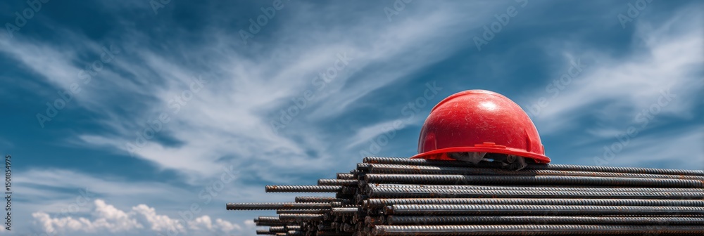 Poster Hard Hat Resting on a Stack of Rebar Under a Bright Blue Sky With Scattered Clouds During a Construction Project