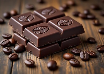 Dark chocolate bars with coffee bean design and roasted coffee beans on wooden background