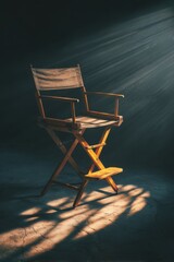 Director's chair bathed in light, studio setting, dramatic lighting, low angle, cinematic, stage equipment, spotlight