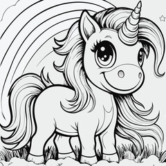 Adorable black and white cartoon unicorn with a rainbow background and happy expression
