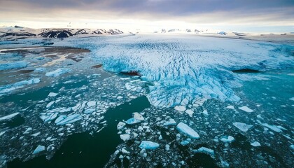 A dramatic aerial view of a melting glacier in the Arctic, with cracked ice, flowing meltwater streams, and blue glacial pools reflecting the cloudy sky