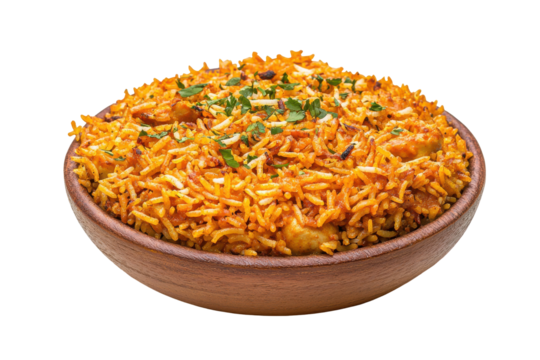 Biryani in bowl fragrant rice dish with herbs served in a wooden bowl against a white background