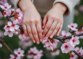 Fototapeta premium Woman's Hands Gently Holding a Branch of Blooming Cherry Blossoms in Spring
