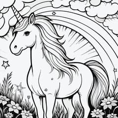 Charming illustration of a majestic unicorn standing amongst flowers and a rainbow in black and white