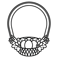 Decorative easter basket vector outline illustration with floral accents in simple black and white style