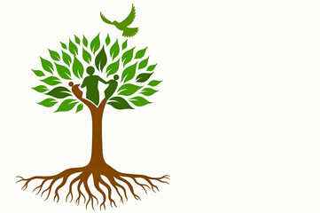 Family tree concept with human figures and bird in green leaf design