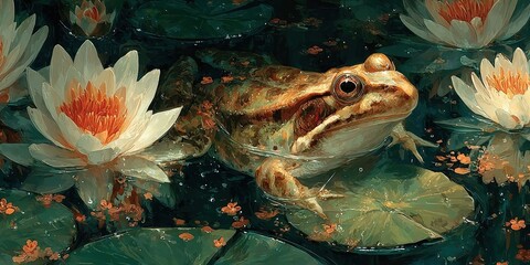 Mystical Frog on Pond with Sun Illustration - Vector Engraving Emblem