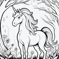 Magical unicorn standing in a forest surrounded by trees and blooming flowers in outline