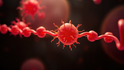Red virus cells and strands under microscope in dark background