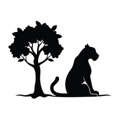 Black silhouette of a tiger sitting under a tree.
