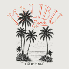 Malibu beach california summer time, Beach Paradise Print T-shirt Graphics Design, summer beach sunshine vector print design artwork, typography slogan on palm trees background
