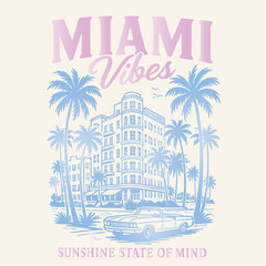 Miami beach vibes print design. palm tree t-shirt design. summer graphics print vintage artwork.  womens graphic design. miami vibes beach tee for Resort vibes.