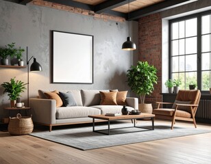 Modern living room with exposed brick concrete walls and natural light