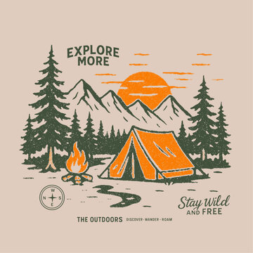Mountain camping artwork.  outside vector print design for t shirt sweatshirt. autumn winter graphics. screen print tee vector. wild and free slogan text print. sunset in the mountaun forest.