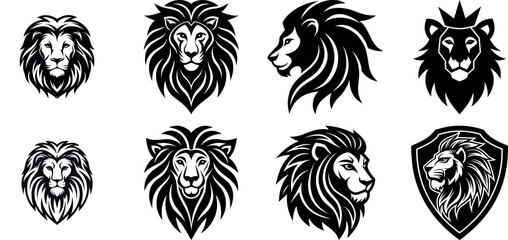 Detailed Collection of Eight Vector Illustrations of Lion Heads and Faces in Various Stylish Designs