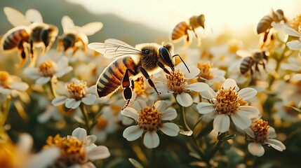 Swarm of bee pollinating vibrant flower field capturing biodiversity ecological balance Ultra detailed wing texture cinematic lighting high fidelity realism golden ratio symmetry immersive natural