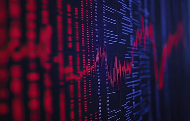 Fototapeta premium Financial data displayed on a large screen, showing fluctuating stock market trends. Red and blue lines illustrate price movement. Many data points and indicators are visible