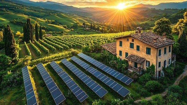 Vast solar panel farm lush green valley angled towards bright sun generating clean energy Hyper detailed photovoltaic texture cinematic lighting ultra realistic reflection high fidelity atmosphere