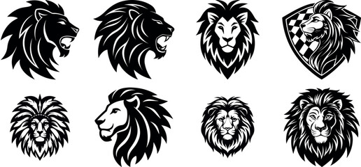 Collection of majestic lion head vector illustrations in various styles for logos, emblems, and branding