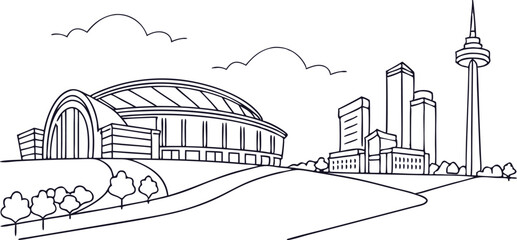 A minimalist line drawing of the Arlington skyline, showcasing AT&T Stadium and Globe Life Field in a sleek, continuous-line style. © Ashes Studio