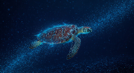 Fototapeta premium Sea Turtle Swimming in Dark Blue Ocean with Glowing Particles