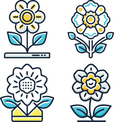 Four flower icons with teal leaves and yellow details on white background