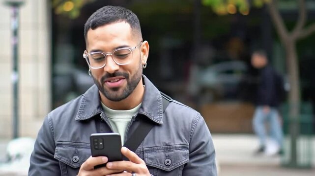 Confident urbanite engages viewer with upbeat energy on bustling city street