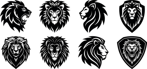 Collection of high-quality vector illustrations featuring majestic lion heads in various styles and designs, suitable for logos, emblems, and graphic design projects