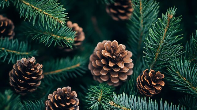Close-up view of pine cones and evergreen branches.
