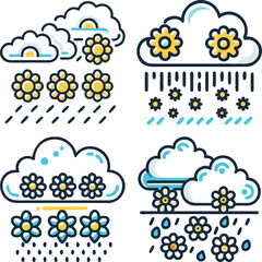 Weather icons set featuring rain clouds and flowers in blue and yellow