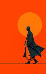 A silhouette of a person walking against a vibrant orange background.