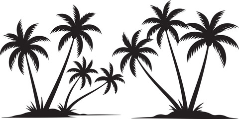 Obraz premium PCollection of grouped tropical palm tree silhouette illustrations in black and white, ideal for beach vacation themes, summer design elements, island logos, and exotic landscape graphics