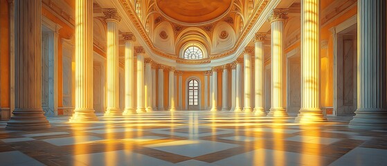 Obraz premium Golden sunset reflections inside classic gallery with columned design and large windows high resolution image