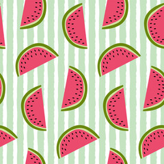 Seamless pattern of watermelon slices on a background with stripes. Design for mother’s day, spring and summer celebration, scrap booking, greeting card, seasonal invitation, textile, decoration.