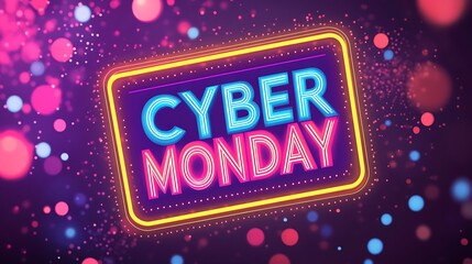 Neon cyber monday sign with festive background.