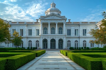 Grand neoclassical structure with columned portico and intricate architectural detailing high resolution image