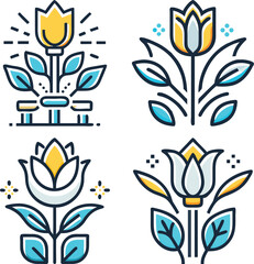 Floral design elements set featuring tulips and stylized leaves vector