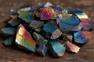 Chaotic Iridescent Metallic Fragments on Worn Wooden Surface