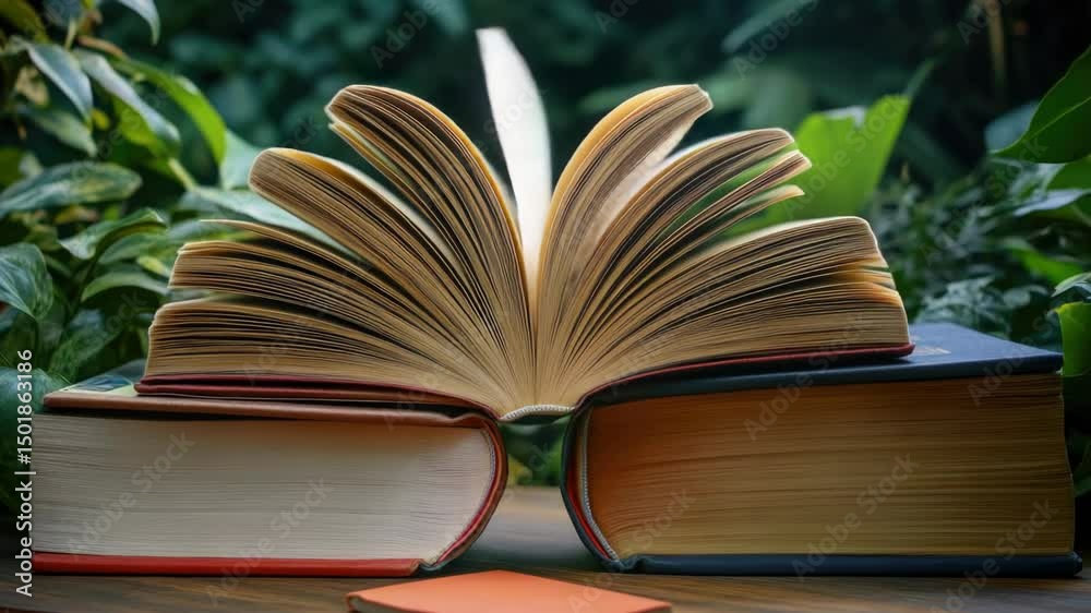 Poster an open book lying flat on a rustic wooden table, perfect for study or reading