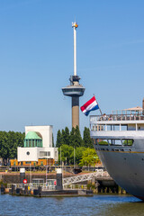 CSkyline with famous Euromast tower and floating Chinese restaurant in Rotterdam The Netherlands