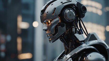 Cinematic Robot frontside view present inspired setup respective background