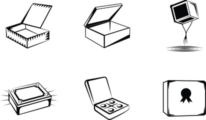 Black and white sketch illustration of various open and closed boxes collection