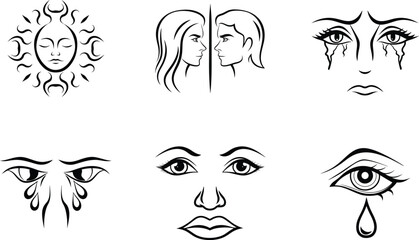 Abstract faces and eyes in black and white line art vector
