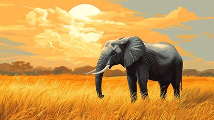 Obraz premium Majestic elephant in a golden savanna at sunset.